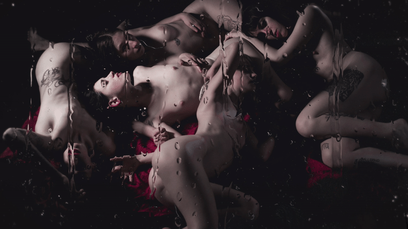 Artwork where there are five women laying down. Dark Aesthetic Photography animated. Rain